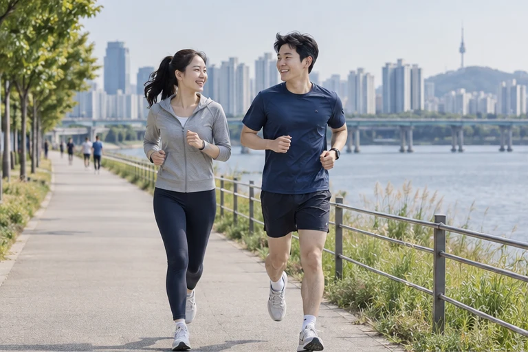 한강공원 산책로에서 함께 달리는 한국인 남녀
