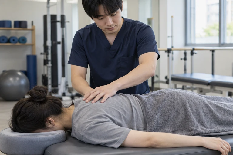 한국의 재활치료실에서 어깨 상태를 살피는 치료사와 환자