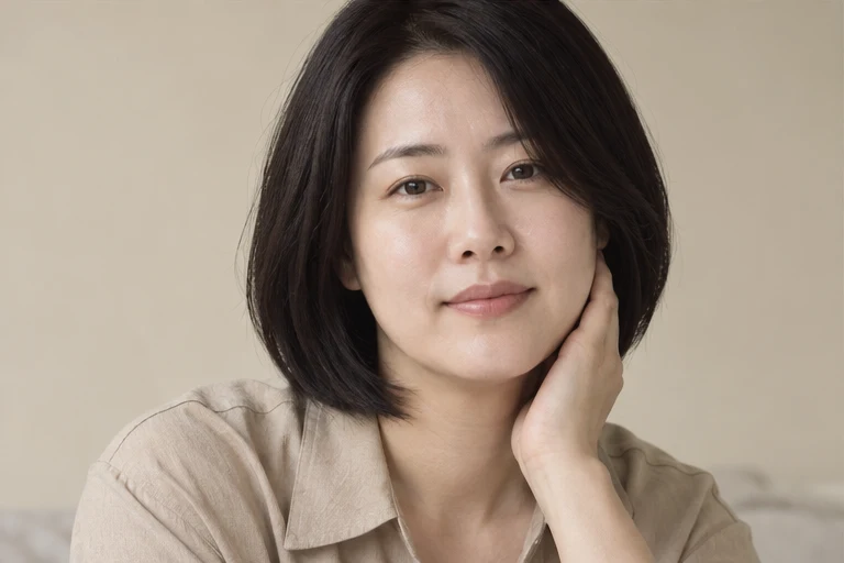 턱 옆에 손을 댄 단발머리 한국인 여성