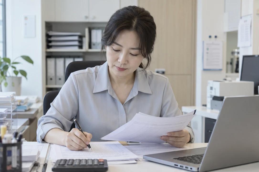 한국 의료기관 사무실에서 서류와 계산기를 확인하는 직원